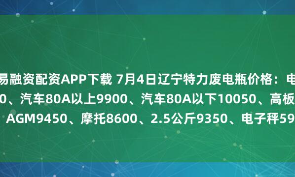 易融资配资APP下载 7月4日辽宁特力废电瓶价格：电动9800、大干9350、汽车80A以上9900、汽车80A以下10050、高板9950、电轿9650、AGM9450、摩托8600、2.5公斤9350、电子秤5950。（单位：元/吨）（7月11日前到公司卸完车上浮100元/吨）